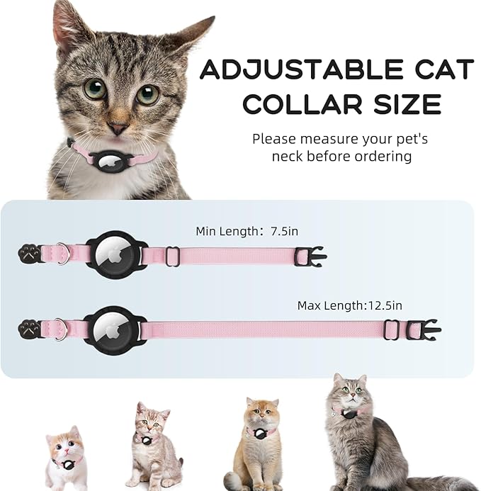 AirTag Cat Collars, Stretchy Collar with Apple Air Tag Holder and Bell | Breakaway - Ultra Design Elastic - GPS Tracking Collars - Adjustable Size for Cats & Puppies 7.5-12.5" - (Pink)