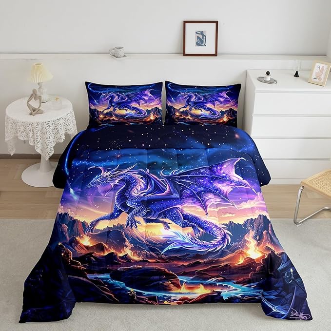 Dragon Comforter Set Queen Size,Magical Animals Bedding Set 3Pcs,Kids Girls Boys Teens Room Decor,Starry Sky and Flame Mountain Quilt Set Purple Western Wildlife Theme Duvet Insert,2 Pillowcases