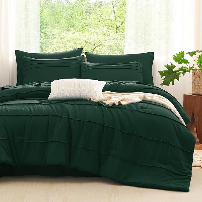 CozyLux Queen Comforter Set Emerald Green, 7 Pieces Soft Pinch Pleat Bed in a Bag Queen Comforter Set with Sheets, Boho Bed Set with Down Alternative Comforter, Sheets, Pillowcases & Shams