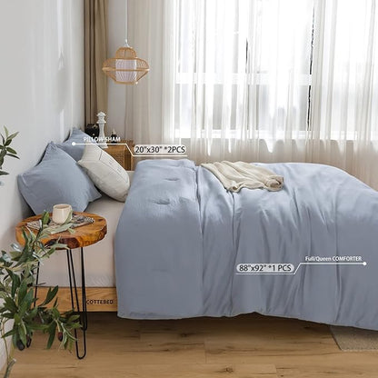 COTTEBED Solid Comforter Queen Set for Mens Women - Soft Thin Washed Cotton Ligtht Weight Full Sized Bedding Down Alternative Comforters Sets with 2 Pillow Shams (Light Dusty Blue,Queen/Full)