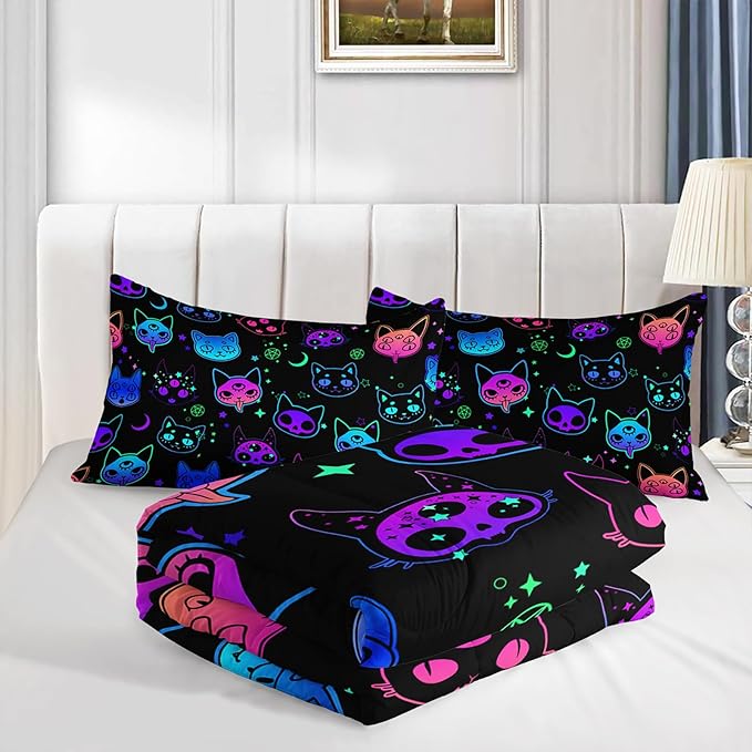 Axolotl Cat Comforter Set King,Kawaii Gradient Cat Bedding with 1 Comforter 2 Pillowcases,Colorful Neon Cats Animal Bed Set,Moon Stars Bedding for Kids Boys Girls Teens Adults Room Decor All Season,