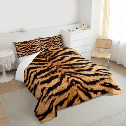 3D Tiger Skin Comforter Set Wild Africa Animals Bedding Set Queen Size Kids Teens Men Adult Home Room Decor Abstract Black Brown Stripes Quilt Set Romantic Vintage Duvet Insert,2 Pillowcases