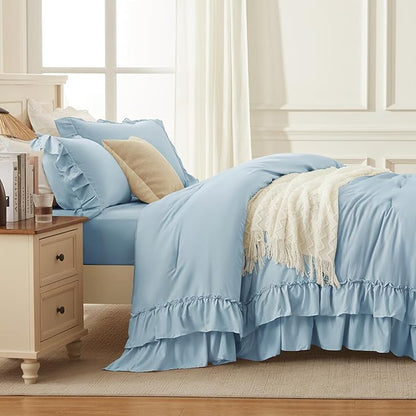 Andency Light Blue King Comforter Set (104x90Inch), 3 Pieces Ruffle Comforter Set with 2 Pillowcases, Farmhouse Shabby Chic Lightweight Fluffy Soft All Season Bed Set