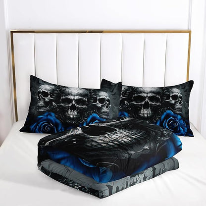 Skull Bedding Set - Twin Size Gothic Skull Comforter Set - Blue & Black Quilt