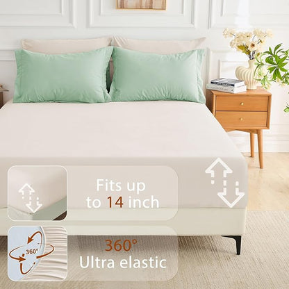 MUXHOMO 7 Pieces Full Comforter Set, Soft Bed in a Bag Full Size, All Season Bedding Set with Comforter, Flat Sheet, Fitted Sheet, Pillowcases & Shams, Sage Green & Beige
