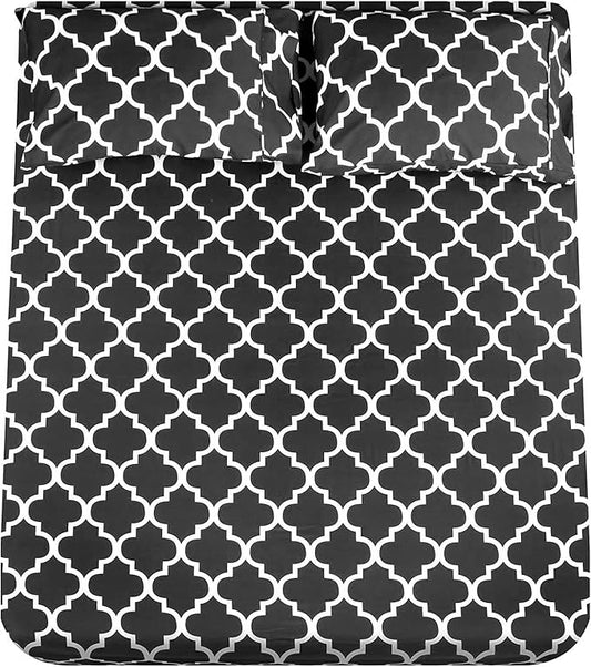 Mejoroom Queen Bed Sheet Set - Super Soft Brushed Microfiber 1800 Thread Count Queen Sheets with 16 inch Deep Pocket - Wrinkle Free - 4 Piece(Queen, Black Quatrefoil with White Pattern)
