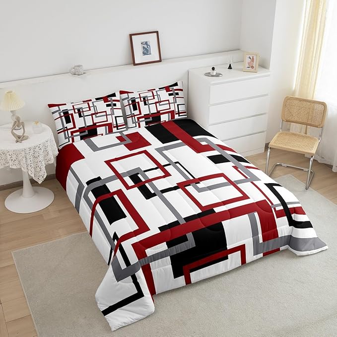 Erosebridal Square Comforter Set for Teens Youth,Black White Red Bedding Set,Geometric Quilt Set Modern Bedroom Decor,Mid Century Grid Duvet Insert with 2 Pillowcases All Season,Full