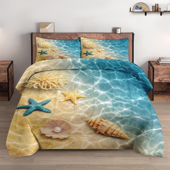 Queen Size Comforter Set with 2 Pillowcases, Summer Marine Seashell Starfish Beach Ocean Soft 3 Pcs Bedding for Kids and Adults Bedroom Bed Decor