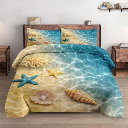 Full Size Comforter Set with 2 Pillowcases, Summer Marine Seashell Starfish Beach Ocean 3 Pcs Soft Bedding for Kids and Adults Bedroom Bed Decor