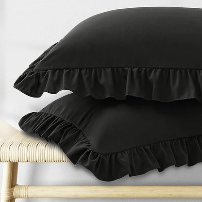 KKJIAF Ruffle Pillow Cases Queen Size Set of 2, Ruffled Pillow Covers with Envelope Closure, Wrinkle Resistant Pillowcases 20" x 30", Ruffled Pillow Shams, Black
