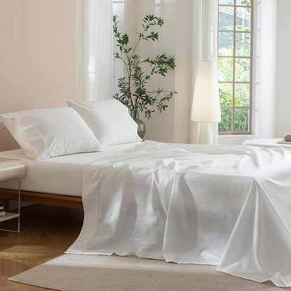 JIYUAN Twin Size Sheet Set, 3-Piece - 100% Washed Cotton, Linen-Like Soft & Breathable, Includes Deep Pocket Fitted & Flat Sheet with 1 Pillowcases, Hotel Quality, Solid Bright White