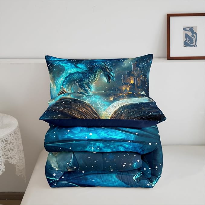 Flying Dragon Comforter Set Queen Size Magical Book Pattern Bedding Set Bedroom Decor Vintage Mid-Century Castle Quilt Set Comfortable Breathable Neon Burning Flame Duvet Insert 3Pcs