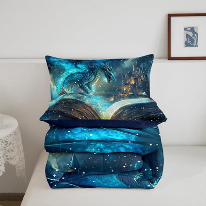 Flying Dragon Comforter Set King Size Magical Book Pattern Bedding Set Bedroom Decor Vintage Mid-Century Castle Quilt Set Comfortable Breathable Neon Burning Flame Duvet Insert 3Pcs