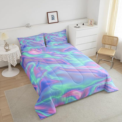 Ombre Tie Dye Bedding Set King, Psychedelic Gradient Comforter, Girls Dreamy Rainbow Bedding, Princess Green Purple Quilted Duvet Bedroom Decor, Girly Colorful Print Bedding Sets & Collections, 3Pcs