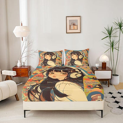 Erosebridal 3Pcs Anime Bedding Set Fashion Street Girls Fitted Sheet 3D Cartoon Printed Comfortable Soft Bed Sheets for Kids Boys Girls Teens Tattoo Watercolor Art Japanese Style Sheets Queen Size