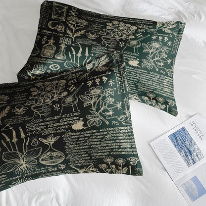 Comforter Set Queen Size, Retro Herbs 7 Pcs Bedding for Kids and Adults, Flower Vintage Leaf Bed Sheet Sets with Fitted Sheet 2 Pillowcases & 2 Shams for Bedroom Bed Decor