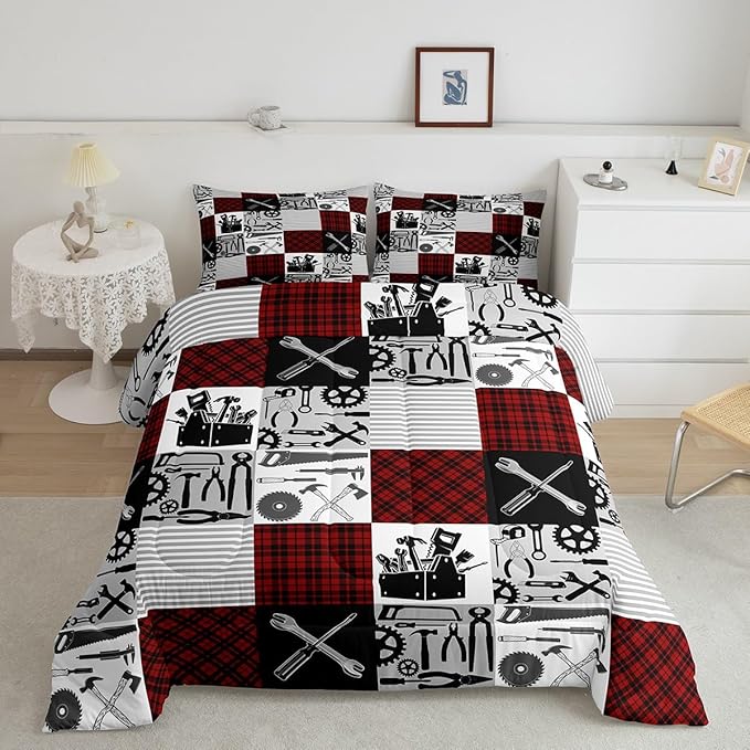Kids Boys Car Bedding Set Twin Size Farmhouse Gingham Check Comforter Wrench Repair Outfit Comforter Set Red Black Duvet Set 2Pcs Quilt Set 1 Comforter Set with 1 Pillowcase