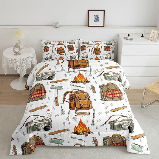 Feelyou Camping Comforter Set Toddler Size Camper Comforter Accessories for Travel Trailers Bedding Set Camping Backpack Print Duvet Set Room Decor Jade White Quilt Set