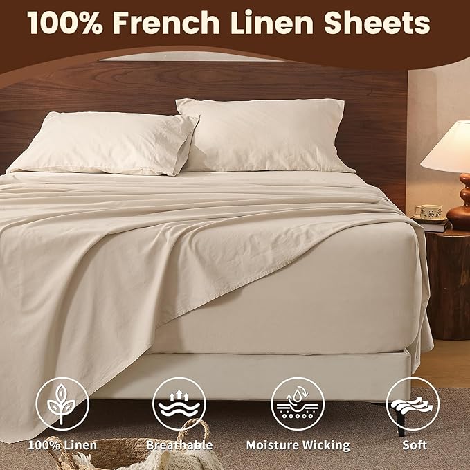 100% Linen Sheet Set King Size Extra Deep Pocket Fits 18-24 Inch Mattress, Breathable & Soft, Smooth 4-Piece Set for Thick Mattresses Hotel Luxury Bedding（King, Linen）