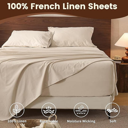 100% Linen Sheet Set King Size Extra Deep Pocket Fits 18-24 Inch Mattress, Breathable & Soft, Smooth 4-Piece Set for Thick Mattresses Hotel Luxury Bedding（King, Linen）