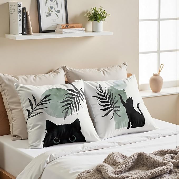 Sage Green Cat Throw Pillow Covers 18x18 Set of 2, for Cat Lovers,Boho Black Cat Pillowcases, Aesthetic Green and Black Decor for Dorm Bedroom Office