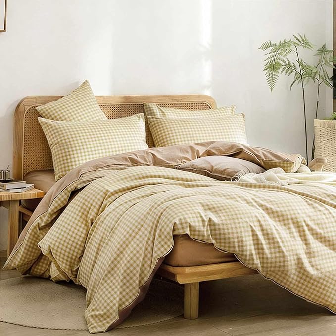 ETDIFFE Brown Comforter Set Queen Size, 3 Piece Tan Gingham Grid Bed Set - Soft and Lightweight Buffalo Checkered Plaid Microfiber Down Alternative Comforter (90x90)