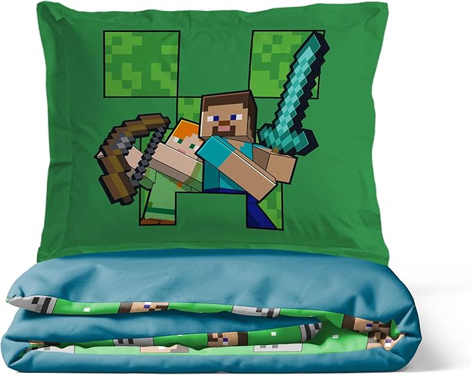 Jay Franco Kids Duvet Cover Set – 3 Piece Super Soft Bedding with Sham Pillowcase, Cover ONLY Comforter Not Included, Blue - Minecraft, Full