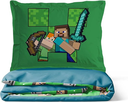 Jay Franco Kids Duvet Cover Set – 3 Piece Super Soft Bedding with Sham Pillowcase, Cover ONLY Comforter Not Included, Blue - Minecraft, Full