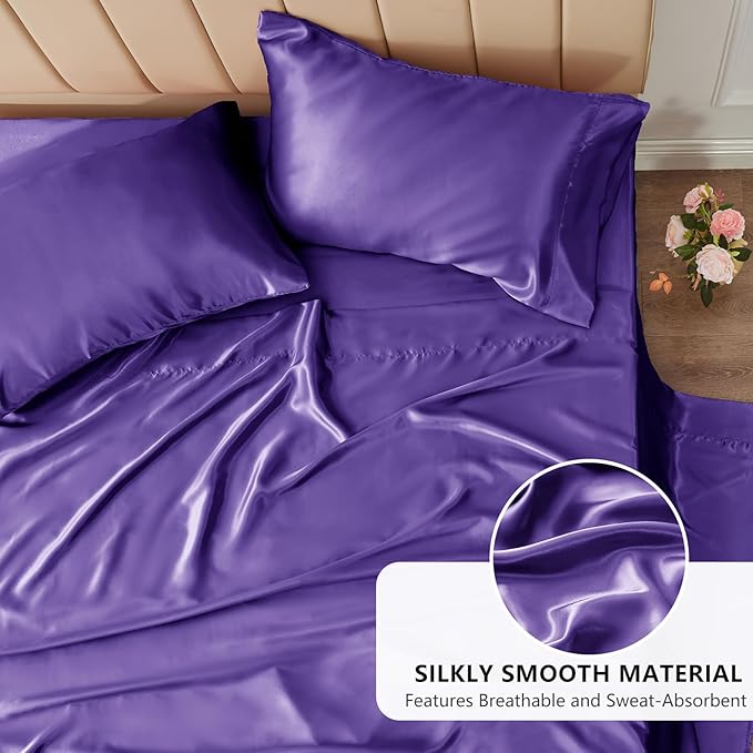 CozyLux Satin Sheets Full Size Sheets - 4 Piece Silky Full Size Bed Sheets, Luxury Purple Full Bed Set with Smooth and Soft Microfiber, Includes 1 Fitted Sheet, 1 Flat Sheet and 2 Pillowcases