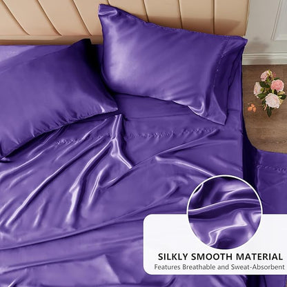 CozyLux Satin Sheets King Size Sheet Set - 4 Piece Silky King Sheets, Luxury Purple King Bed Set with Smooth and Soft Microfiber, Includes 1 Fitted Sheet, 1 Flat Sheet and 2 Pillowcases