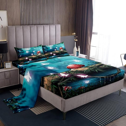 Red Mushroom Bed Sheet Set 4 Piece,Moon Night Sky Jungle Sheets Full Size Sheets Set,Magical Butterfly Cartoon Plant Soft Microfiber Bedding Set with Flat,Fitted Sheet,2 Pillow Cases