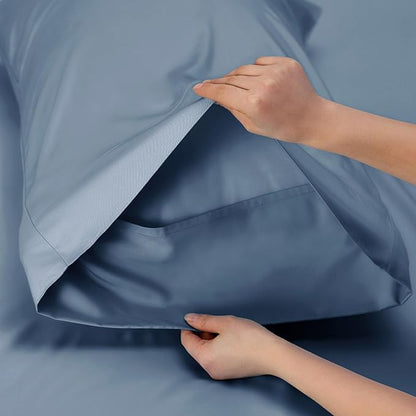 Bedsure Full Size Bed Sheets, Cooling Sheets, Rayon Derived from Bamboo, PureWoven, Breathable & Soft, Deep Pocket Up to 16 Inches, Hotel Luxury Silky Bedding for Hot Sleepers, Dusty Blue