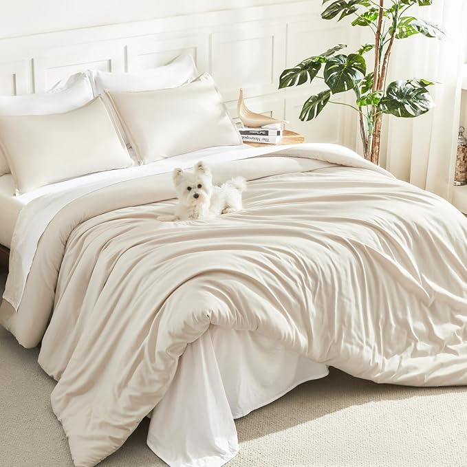 Litanika Comforters Beige Oversized Queen Size, 3 Pieces Lightweight Solid Bedding Comforter Set, All Season Fluffy Bed Set (98x98In Comforter & 2 Pillowcases)