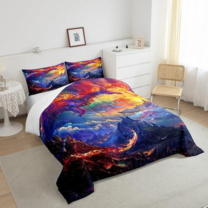 Dragon Bedding Set Queen Size,Starry Sky and Flame Mountain Comforter Set 3Pcs,Kids Girls Boys Teens Bedroom Decor,Magical Animals Quilt Set Purple Western Wildlife Theme Duvet Insert,2 Pillowcases