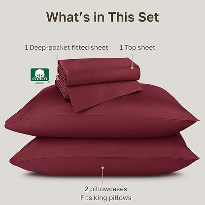 California Design Den Natural 100% Cotton Sheets King Size Deep Pocket Set - Luxury Hotel 800 Thread Count Sateen, King Size Sheets Set, Snug Fit and Durable Bedding - Red Wine