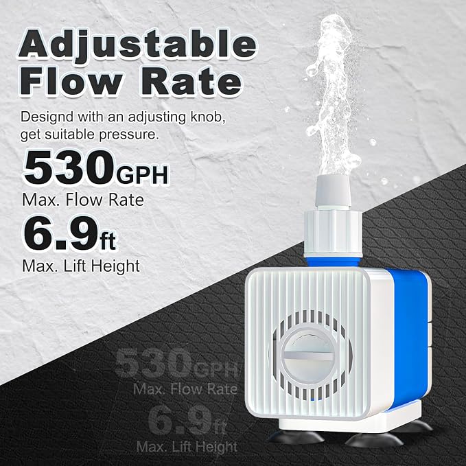 SongLong Submersible Pump 530GPH 6.5ft. High Lift for Fountains | Ultra Quiet, with Over Heating Protection, for Hydroponics,fish tank, Aquariums & More