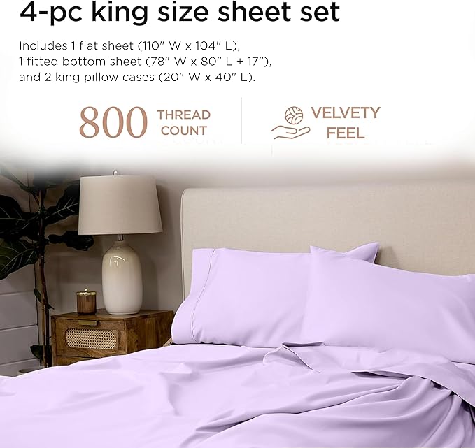 Threadmill King Size Sheets | 800 Thread Count King Bed Sheets Set for King Mattress 16” Deep Pocket | Sateen Weave, Better Than Egyptian Cotton, 4-Piece Bedding Set with Cooling Effect | Lilac
