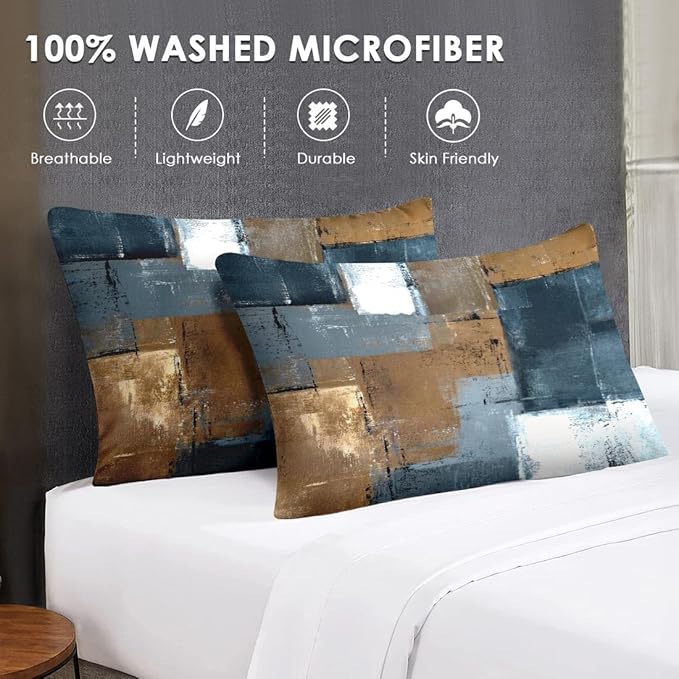 5 Pcs Twin Size Comforter Set with Pillowcase & Sham, Grey Brown Painting Bedding for Kids and Adults, Beige Contemporary Bed in a Bag with Flat Fitted Sheet