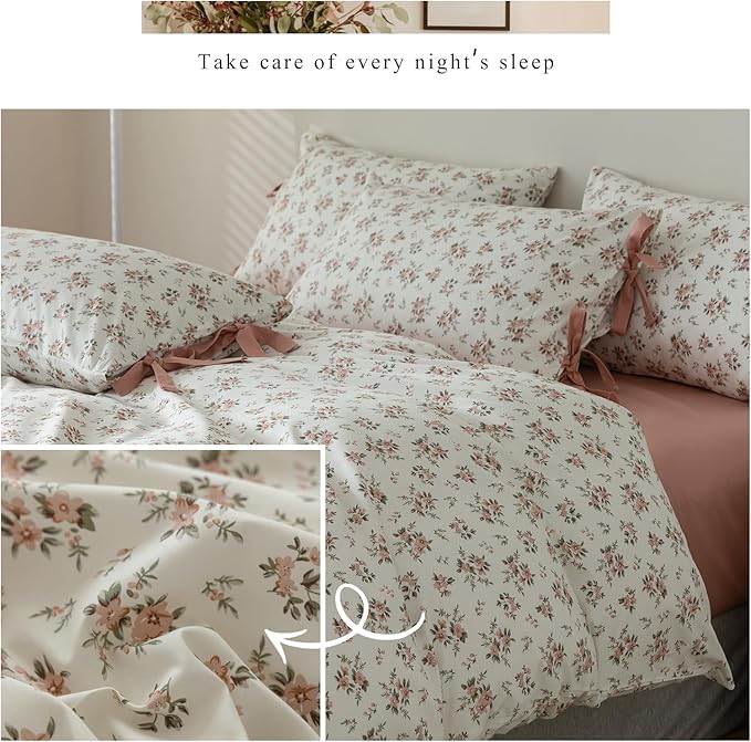 VM VOUGEMARKET Blush Pink Floral Duvet Cover Queen 3 Pieces Cotton Girls Cottagecore Bedding Set,Peach Flower Comforter Cover with Zipper Closure,Vintage Country Bedding 90x90