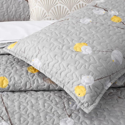 DURLENGEN Quilt Set Queen Size 3Pcs,Grey Branch with Yellow Turquoise Polka Dot Pattern,Soft Microfiber Lightweight Bedspread for All Season Layering(Queen 90x96,Botanical Grey)