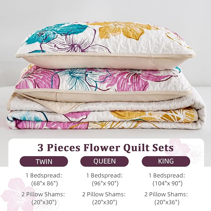 DJY Romantic Pink Teal Quilt Set Queen Size, 3 Pieces Colourful Floral Bedspread Set Bohemia Reversible Bedding Set Microfiber Lightweight Bedspread Coverlet Set for All Season 90"x96"