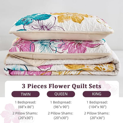 DJY Romantic Pink Teal Quilt Set Queen Size, 3 Pieces Colourful Floral Bedspread Set Bohemia Reversible Bedding Set Microfiber Lightweight Bedspread Coverlet Set for All Season 90"x96"
