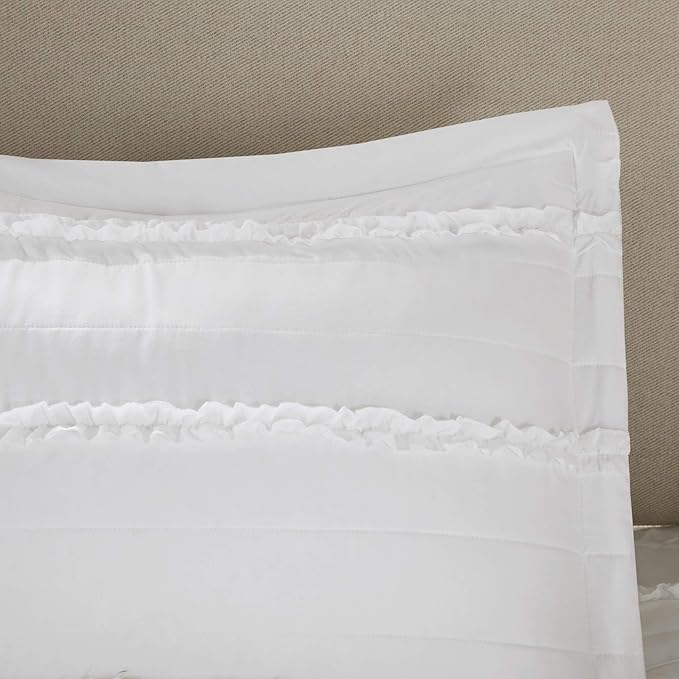 Madison Park Celeste Quilt Modern Classic Design All Season, Breathable Coverlet Lightweight Bedding Set, Matching Shams, Decorative Pillow, King/Cal King(104"x94"), Ruffle White 4 Piece