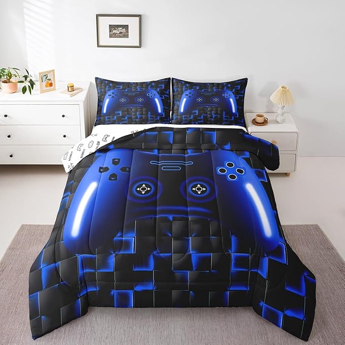 Gaming Full Size Comforter Sets For Kids Boys Teen Girls Game Controller Bedding Set 3Pcs Gamer Comforter For All Season,Blue And Black Geometric Checkered Quilt Set For Young Men,Soft Lightweight