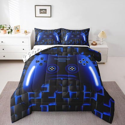 Gaming Queen Size Comforter Sets For Kids Boys Teen Girls Game Controller Bedding Set 3Pcs Gamer Comforter For All Season,Blue And Black Geometric Checkered Quilt Set For Young Men,Soft Lightweight
