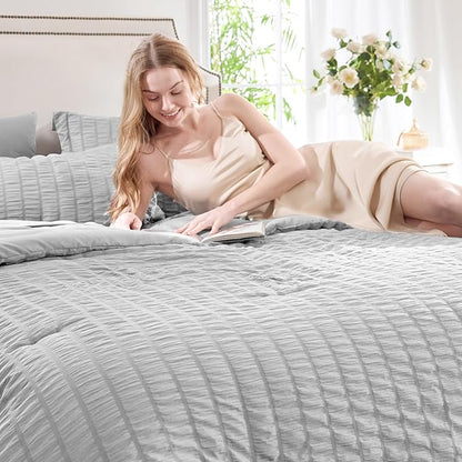 CozyLux Oversized Queen Comforter Set Light Grey Seersucker 7 Pieces 98x98 Bed in a Bag Comforter Set with Sheet, Luxury Bedding Set Down Alternative Comforter, Sheets, Pillowcases & Shams, Light Gray