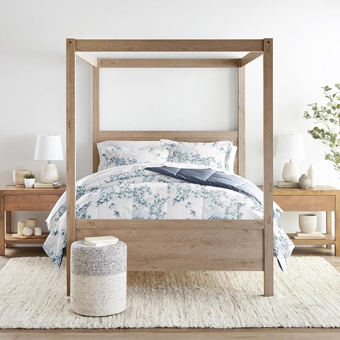 LINENS & HUTCH Comforter Set Patterned Microfiber All Season Down-Alternative Ultra Soft Bedding in Bamboo Leaves Blue - Full/Queen Bamboo Leaves Blue Stone