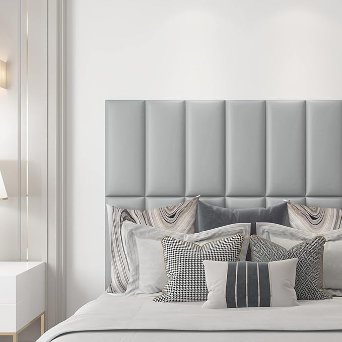 Art3d 4-Pack Peel and Stick Upholstered Headboard, 9.85 x 23.62 in, Grey | Self Adhesive, Upholstered Padded Panels, Fits Multiple Bed Sizes, Sound Absorbing, Ideal for Bedroom