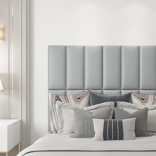 Art3d 4-Pack Peel and Stick Upholstered Headboard, 9.85 x 23.62 in, Grey | Self Adhesive, Upholstered Padded Panels, Fits Multiple Bed Sizes, Sound Absorbing, Ideal for Bedroom