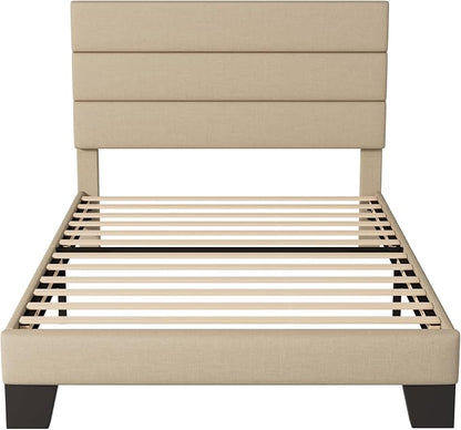 Allewie Twin Size Platform Bed Frame with Fabric Upholstered Headboard | Wooden Slats Support, Fully Upholstered Mattress Foundation, No Box Spring Needed, Easy Assembly, Noise-Free, Beige